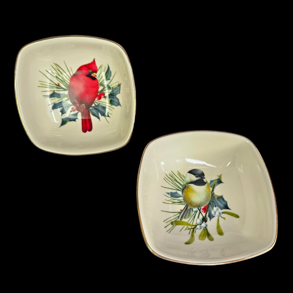 Lenox Winter Greetings Dipping Bowls Cardinal Catherine McClung Set 2 Square Box